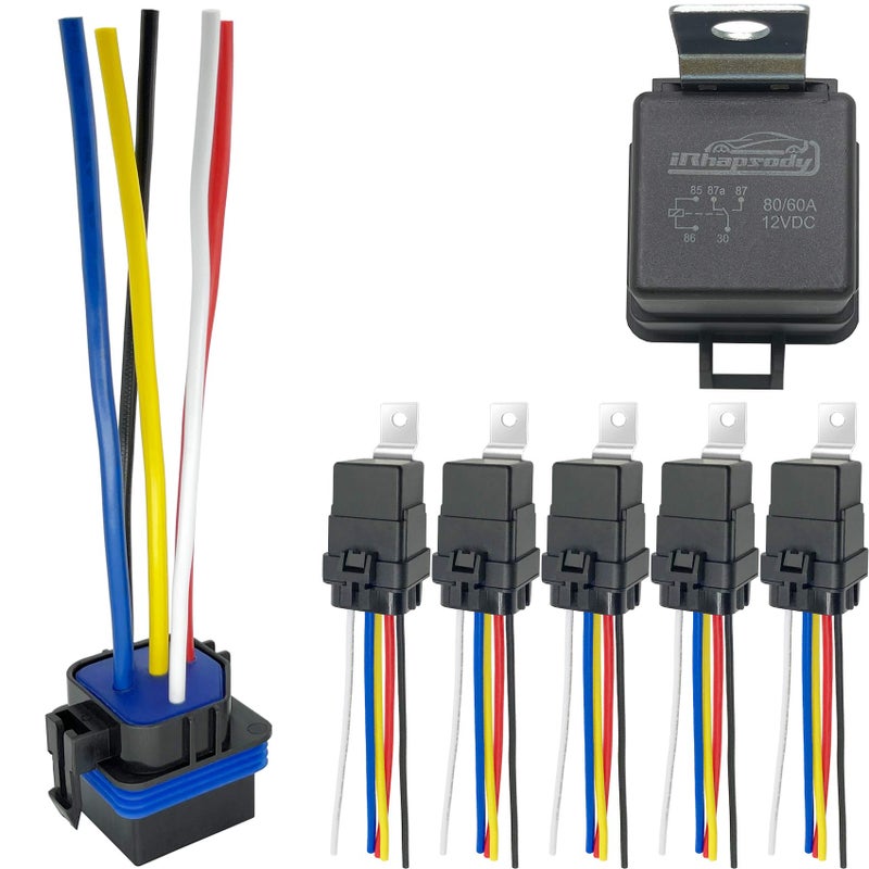 irhapsody 12VDC 80/60Amp Waterproof Relay, 5-pin SPDT Automotive Relay with Pigtail - Image 1
